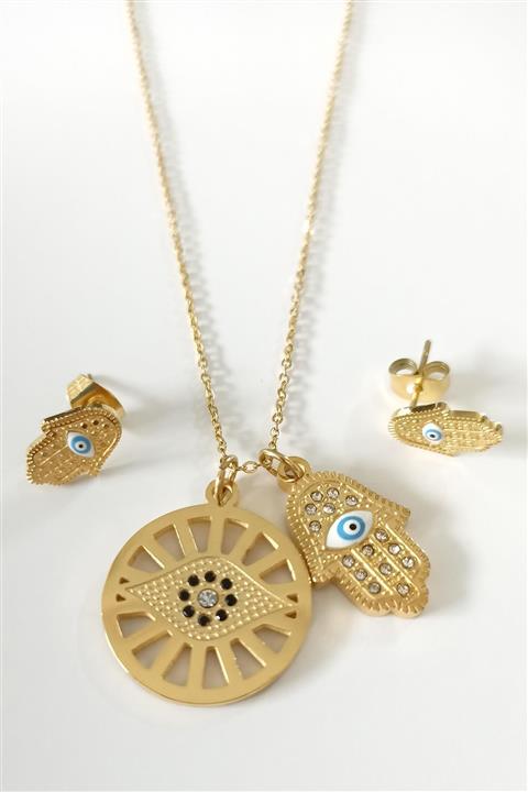 Yoro Çelik Gold Mavi Boncuklu Fatmanıneli Set