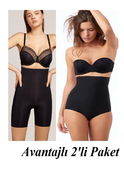 Marketimgel Dikişsiz Lazer Kesim Toparlayıcı Ince Yüksek Bel Paçalı Ve Slip Korse 2'li Paket Siyah Renk