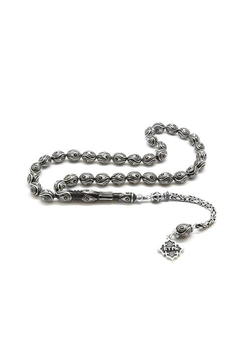 Tesbihane 925 Ayar Gümüş Kral Püsküllü Gümüş-Mine İşlemeli Arpa Kesim Erzurum Oltu Taşı Tesbih 101001821