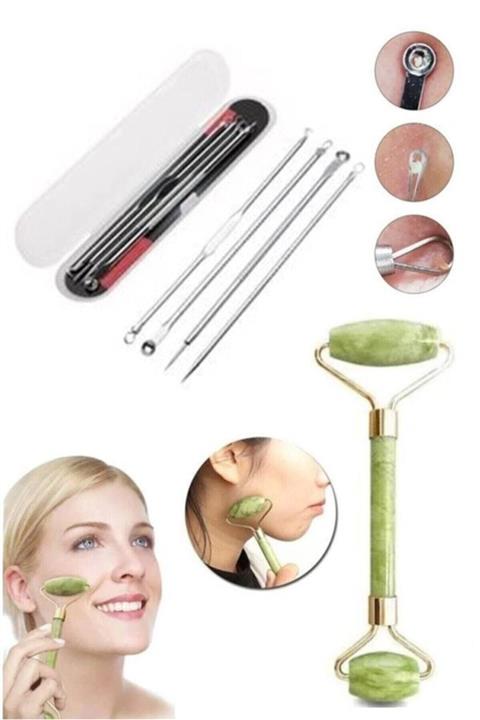 MUJGAN 2'li Cilt Temizleme Seti Yeşim Taşı Yüz Masaj Aleti+ 4'lü Siyah Nokta Temizleyici Komedon