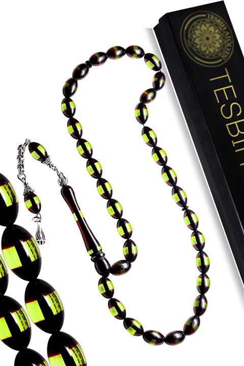 Tesbih Atölyesi Sertifikalı Yeşil Siyah Sürmeli Toz Kehribar Tesbih