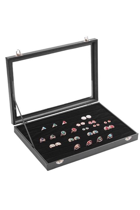 ÖZER KUTU Camlı Kapaklı Rulo Yuzuk-takı Tablası Siyah Deri / Içi Süet