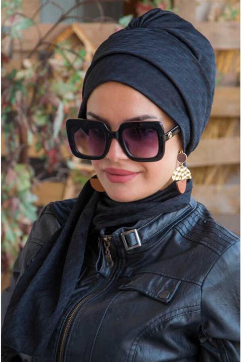 Aişe tesettür Siyah Kendinden Desenli Atkılı Bone