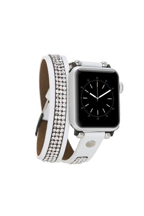 Bouletta Apple Watch Deri Kordon 42-44mm Slim Çift Tur Taşlı Beyaz