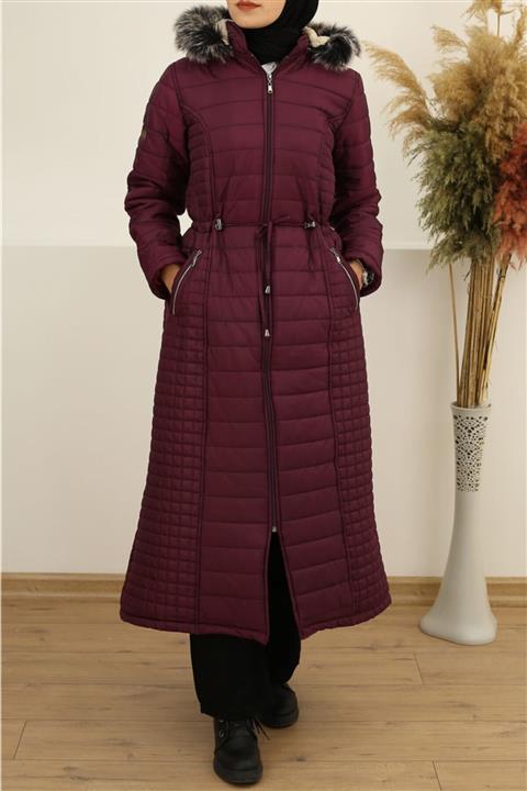 İmajButik Tam Boy Içi Kürklü Kapşonlu Mont/mürdüm