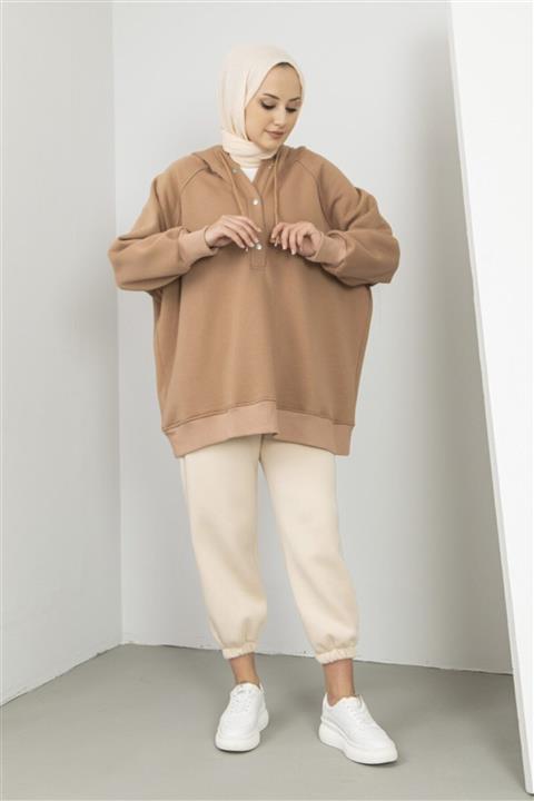 EMELL TURGAY Yarım Düğmeli Kapşonlu Bej Sweat