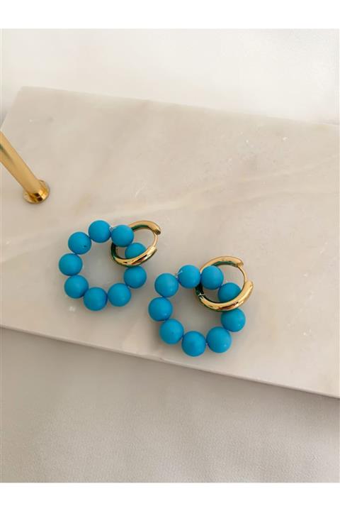 Lucky Designs Çelik Halka Turkuaz Boncuk Küpe