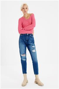 TRENDYOLMİLLA Koyu Mavi Yırtık Detaylı Yüksek Bel Mom Jeans TWOAW22JE0386