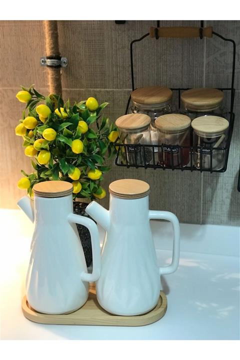 Kitchen Pembelia Ahşap Standlı Bambu Kapaklı Porselen 1000ml Yağdanlık-yağlık