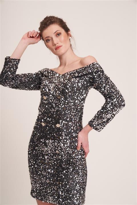 La Vita e Bella Silver Pul Payet Omuz Yaka Düğme Aksesuarlı Kısa Abiye