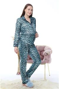 LadyMina Pijama Mavi Leoparlı Saten Hamile Lohusa Pijama Takımı