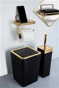 vipgross 3 Parça Banyo Seti Çöp Kovası Fırçalık Ve Kağıtlık Siyah Gold-714.vg