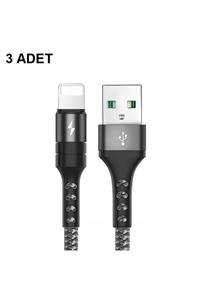 SKV MOBILE Iphone Usb Hızlı Şarj Ve Data Kablosu 5 Amper Örgülü 3'lü Paket Lightning Kablo Siyah