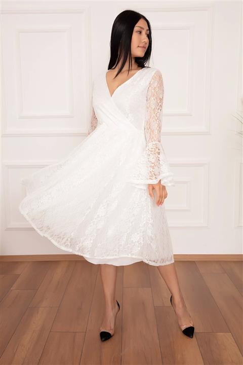 PULLIMM Kolları Volanlı Midi Dantel Abiye Elbise 13282