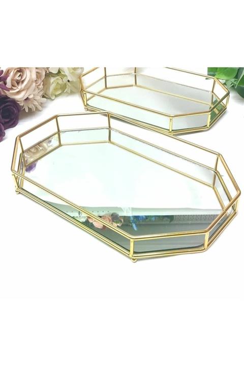 Beyaz Gelincik Tasarım Sekizgen Ikili Gold Söz Nişan Tepsi Seti