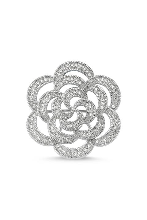 Zuk Collection Gümüş Zirkon Taşlı Çicek Desenli Broş