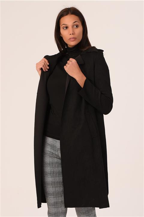 DISENTIS MODEST Omuzdan Apoletli Kuşaklı Ve Yırtmaçlı Astarsız Siyah Süet Trençkot