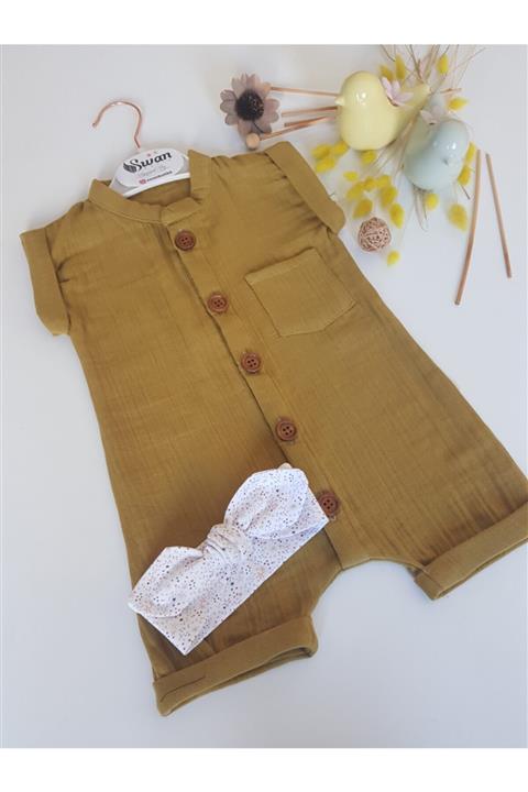 swan butik Bbx Keten Düğmeli Yazlık Bebek Tulumu,ve Bandana Organik Kumaş, Zeytin Yeşili