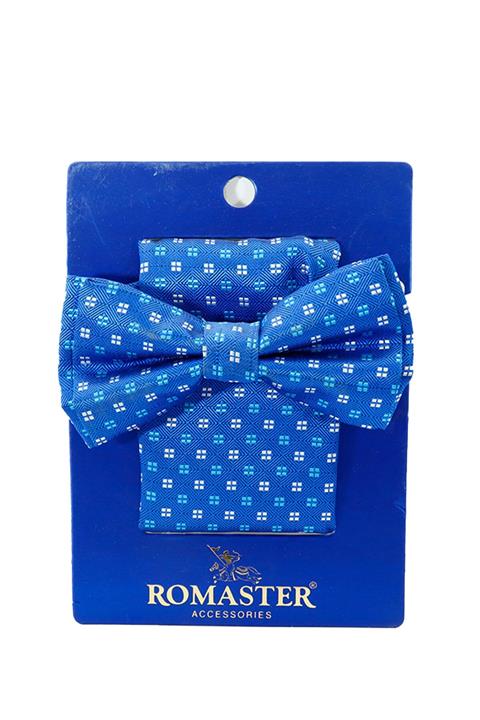 ROMASTER Mavi Renk Kare Desenli Mendilli Papyon
