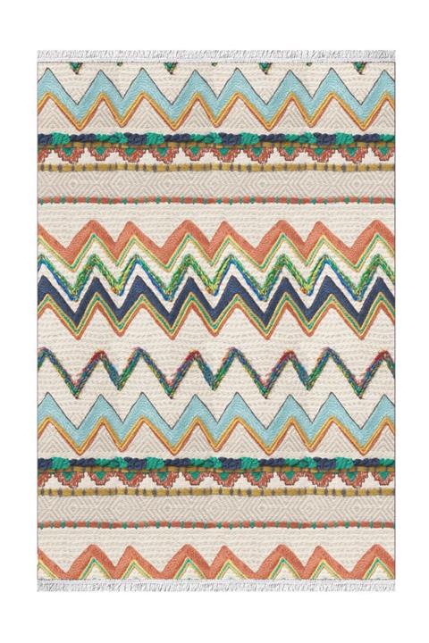 Osso Turuncu Mavi Yeşil Zikzak Geometrik Dekoratif Desenli Saçaklı Kilim Halı - 80x150cm