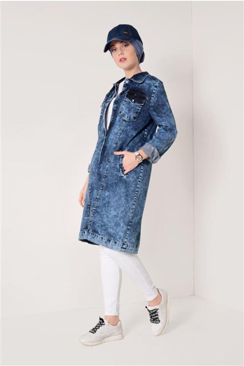 TRENDTESETTÜR Önden Çıtçıtlı Eskitme Denim Ceket T 4034