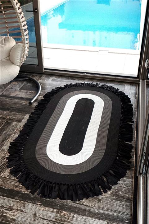 Rönesans Tekstil Hasır Jüt Siyah Beyaz Kilim Halı Yolluk