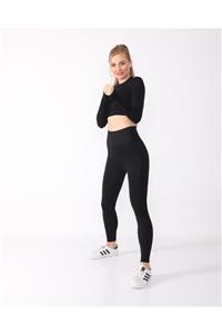 MAGZA Kadın Siyah Extra Yüksek Bel Dikişsiz Spor Tayt Crop Ile Takım