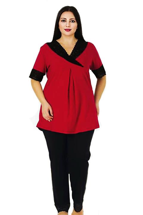 quilling Kırmızı - Siyah Renk Büyük Beden Pijama Takımı - Lady 403 Kısa Kol Battal Pijama Takımı