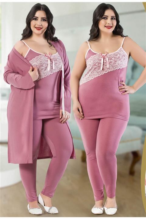JENİKA Kadın Büyük Beden Dantel Detay Sabahlık Tayt Pijama Takım