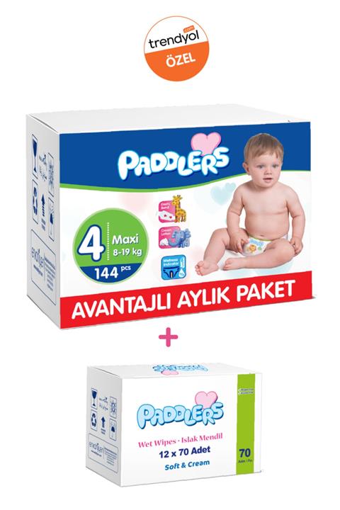 Paddlers Bebek Bezi 4 Numara 144 Adet (8-19 Kg) + 12x70 Islak Havlu