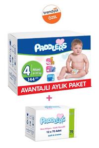 Paddlers Bebek Bezi 4 Numara 144 Adet (8-19 Kg) + 12x70 Islak Havlu