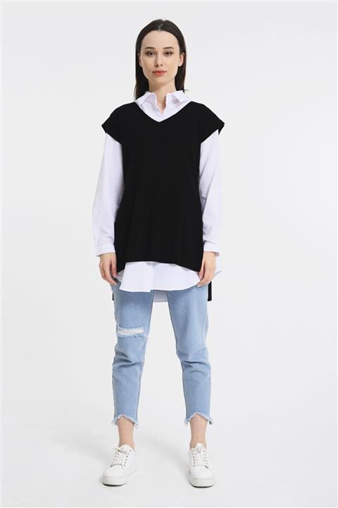 Nefise Gömlek V Yaka Süveter Takm- Siyah