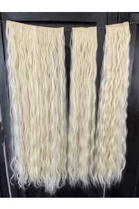 REMY HAİR Platin Sarı Afro Dalgalı Uzun Yarım Ay Saç – 3 Parça Çıt Çıt 80cm. 270 Gr. Vıp Serı