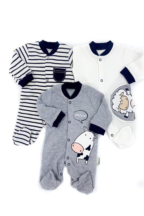 Mai Perla İnek Kuzulu Beyaz 3'lü Bebek Tulum Seti