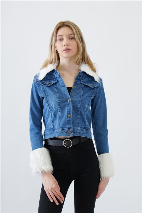 AJYMODA Kadın Kürk Detaylı Crop Kot Ceket Mavi