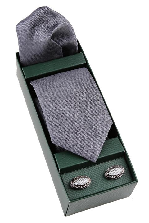 Kravatkolik Gri Mendilli Kravat Gümüş Kol Düğmesi Hediye Seti Os371