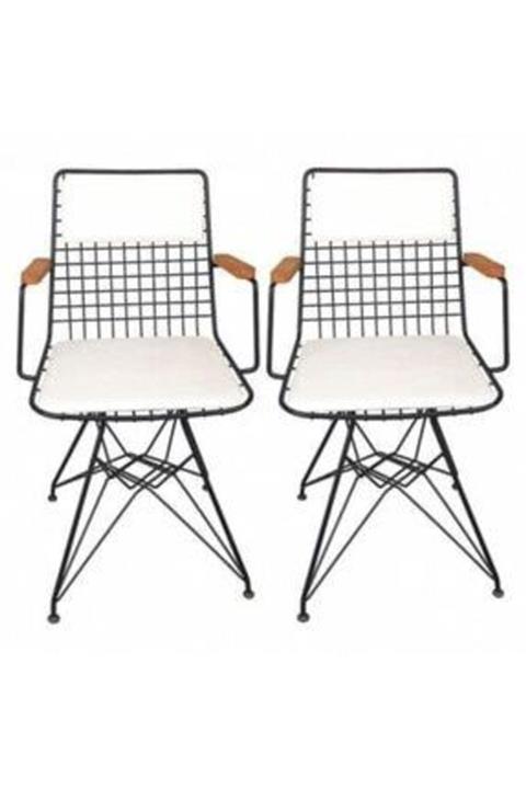 Akın Lux Beyaz Minderli Kollu Siyah Tel Sandalye 2 Li Set