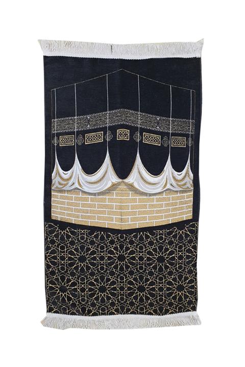 Çağrı Kabe Motifli Saçaklı Lüks Şönil Seccade Siyah 10’lu