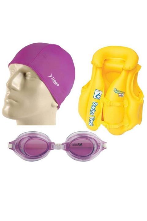 Liggo Çocuk Yüzücü Gözlüğü Seti Can Yeleği Deniz Gözlüğü Bez Bone Seti