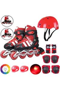OyuncakZade Kırmızı Işıklı Teker Ayarlanabilir Çocuk Alıştırma Paten 2 Fonksiyon + Çakarlı Kask Dizlik Set