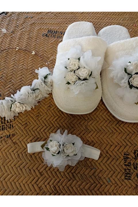 Gelin Butiğim Lohusa Seti Minik Cicekli 3 Lü Set Anne Tacı Bebek Tacı Terlik