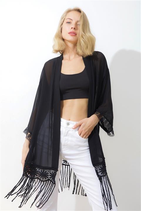 LAMODEMAPASS Kadın Siyah Dantel Detaylı Şifon Kimono