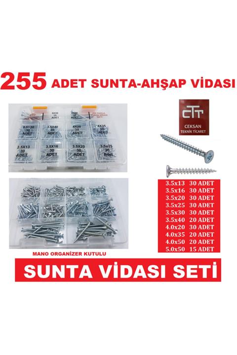 CEKSAN Sunta Vidası Seti Ahşap-plastik-dübel V.b Vida Seti 255 Parça Organizer Kutulu Kullanışlı Set