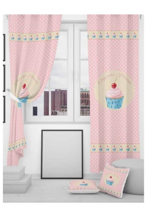 EVSEHOMES Evsehome Pembe Cupcake Mutfak Fon Perde (kırlent Hediyeli)