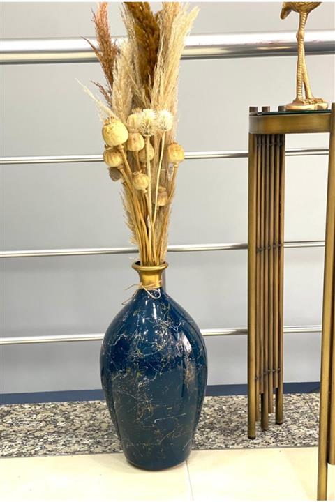 Mirsa Global Yer Vazosu Dekoratif Küp Lacivert Rekli