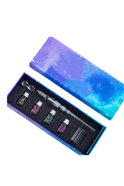 Profisher Cam Kaligrafi Kalemi 4 Renk Simli Mürekkep Cam Kap Stand 7 Li Set