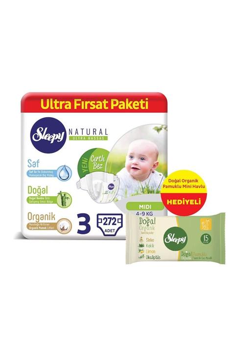 Sleepy Natural Bebek Bezi 3 Numara Midi 272 Adet + Islak Havlu Hediyeli