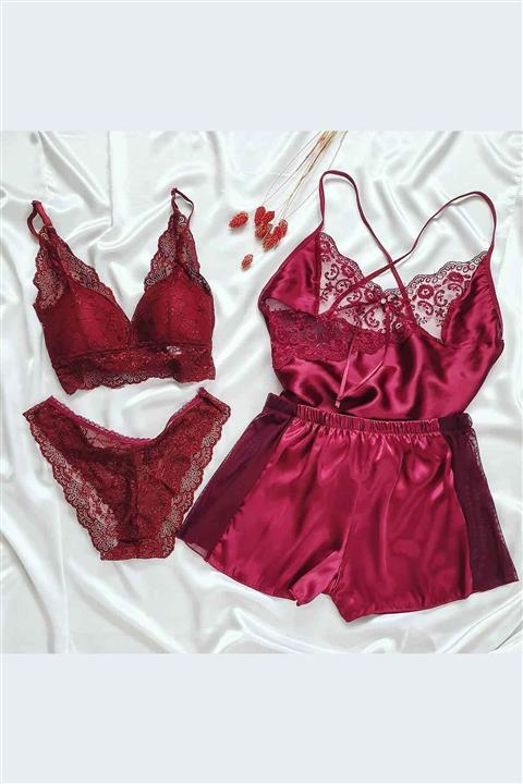 Çeyize dair herşey Bordo Fantazi Saten Bralet Kombinli 4 Lü Şort Set