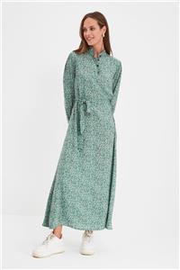 Trendyol Modest Yeşil Dik Yaka Çiçekli Kuşaklı Elbise TCTAW22EB0173