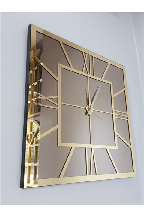 AYNA DENİZİ Golden Quare Bronze Model Altın Bronz Renk 60 Cm X 60 Cm Dekoratif Aynalı Duvar Saati